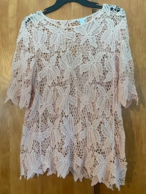 C est. 1946 100% Cotton blush peach romantic floral Crochet boho festival T